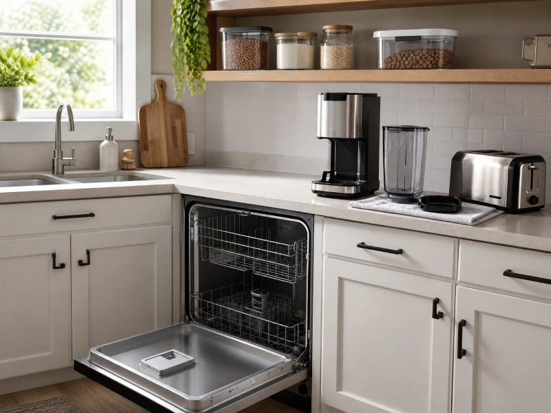 Clean kitchen appliances with dry removable parts, open dishwasher, and sealed food containers