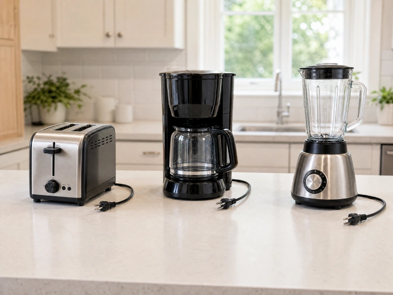 Small appliance inspection with unplugged toaster, coffee maker, and blender on a clear kitchen surface
