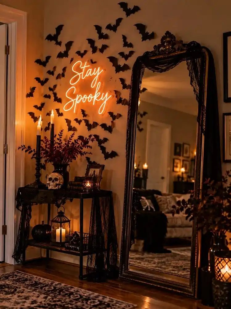 Full-length vintage mirror beside a glowing Stay Spooky sign surrounded by black paper bats and candlelit Halloween decor.