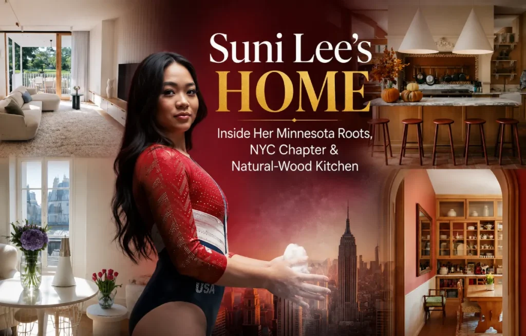 Suni Lee featured with modern interiors, natural-wood kitchen and NYC skyline