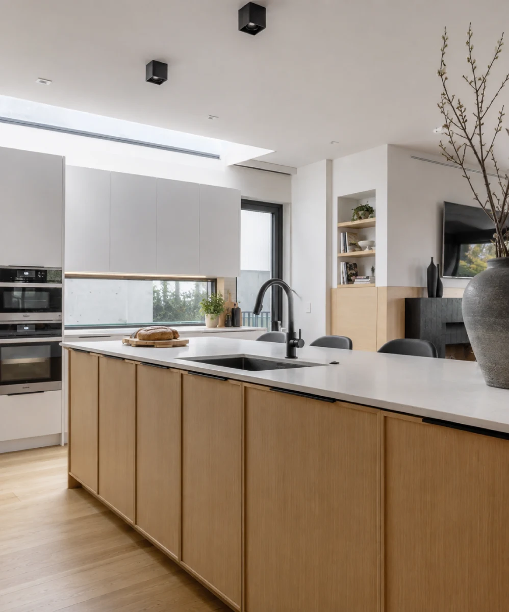 Where Does Suni Lee Live? Her Minnesota Roots, NYC House and Natural-Wood Kitchen - Celebrity Homes | HomeImprovementGeek Natural-wood kitchen cabinets paired with a white countertop and modern fixtures