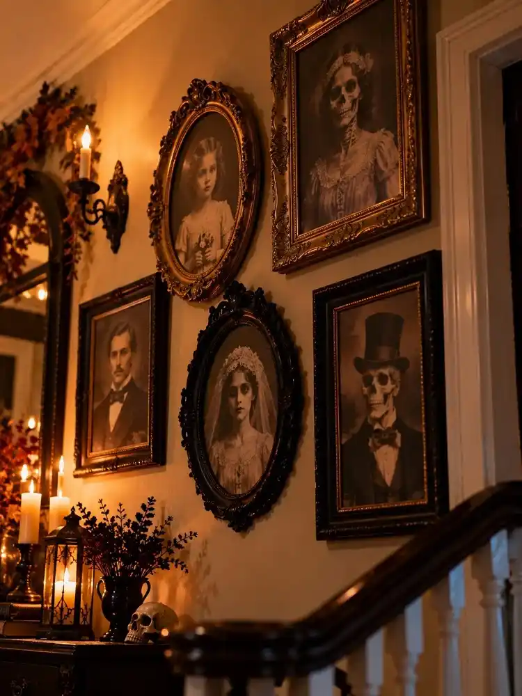 Victorian-style Halloween portraits in thrifted ornate frames arranged along a warmly lit hallway staircase.