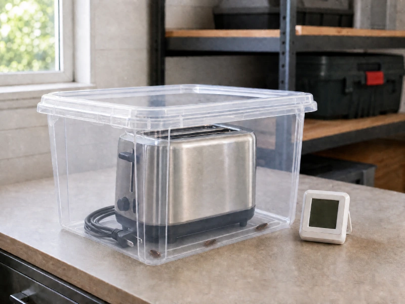 Unplugged toaster with cable and three cockroaches inside a clear isolation container