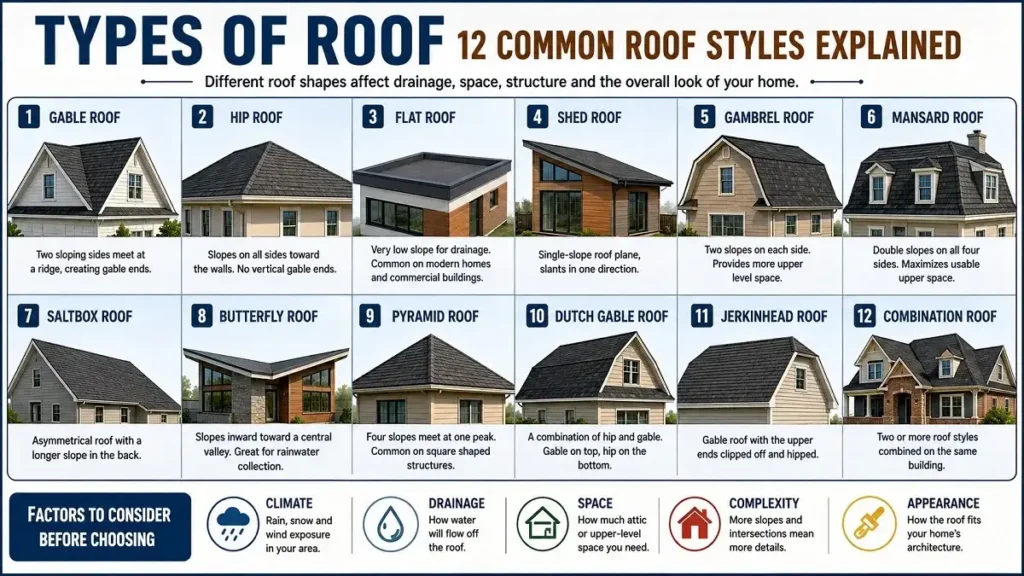 Types of roof showing gable, hip, flat, shed, gambrel, mansard, saltbox, butterfly, pyramid, Dutch gable, jerkinhead, and combination roofs.