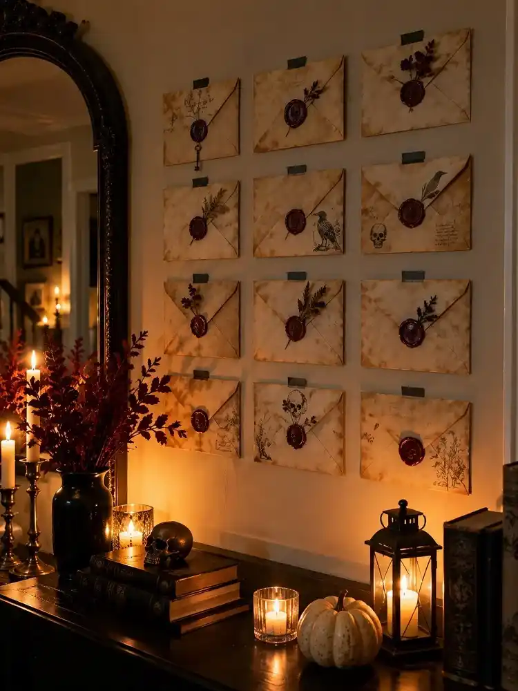 Tea-stained vintage envelopes with deep red wax seals arranged in a 3x4 grid above a candlelit console table.