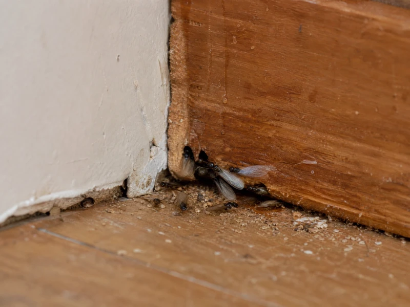 Why Ants Keep Coming Back After Cleaning - Pest Control | HomeImprovementGeek Winged ants emerging from damp wooden trim beside moisture-damaged wall and floor debris