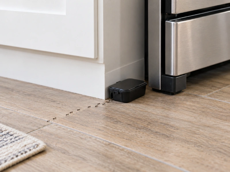 Small enclosed ant bait station placed beside a kitchen cabinet near a stainless steel stove, with tiny black ants following a trail toward the bait