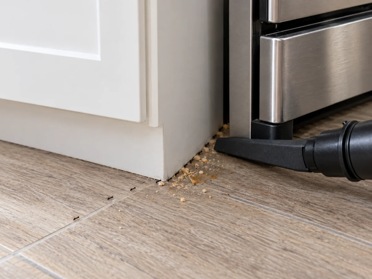 Tiny ants following the cabinet edge beside a stainless steel kitchen range, with bread crumbs and grease residue being cleaned using a crevice vacuum attachment