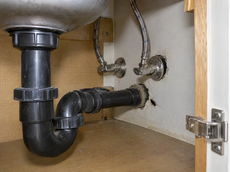 Cockroach beside a plumbing gap under an apartment kitchen sink, showing a possible route through a shared wall