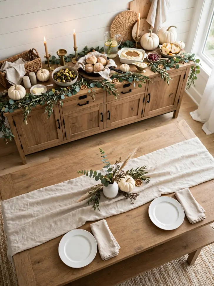 15 Thanksgiving Table Decor Ideas for a Warm Holiday Gathering - Decorating Ideas | HomeImprovementGeek Thanksgiving buffet on wooden sideboard with serving dishes, white pumpkins, eucalyptus garland and candles, with spacious main dining table in foreground with linen runner and minimal centerpiece.
