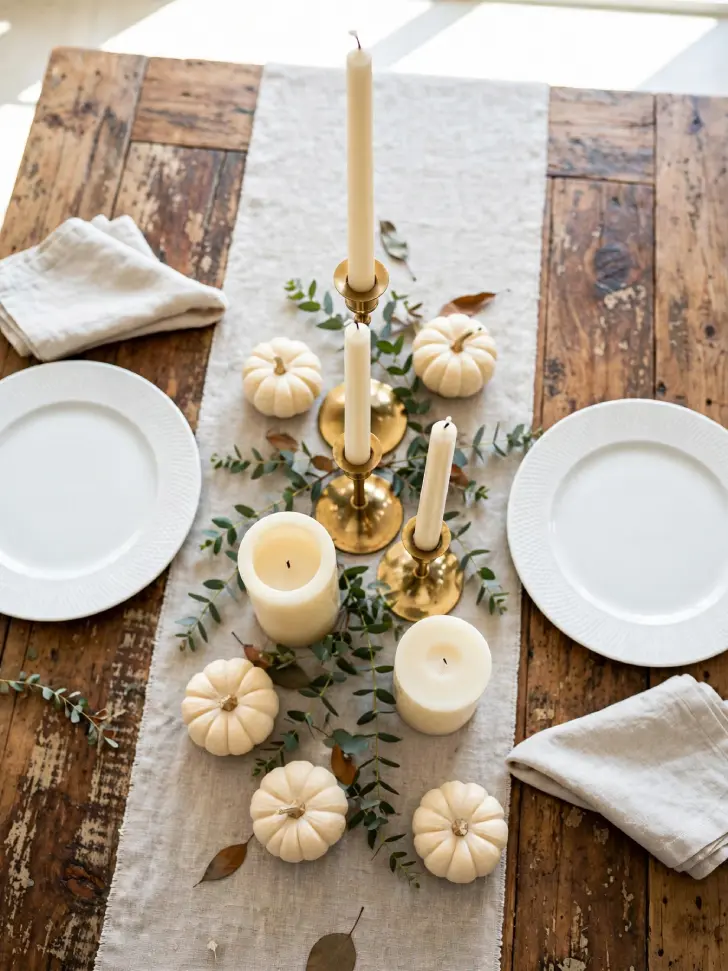 15 Thanksgiving Table Decor Ideas for a Warm Holiday Gathering - Decorating Ideas | HomeImprovementGeek Thanksgiving table with linen runner styled with brass candle holders holding tall taper candles at different heights, pillar candles, white mini pumpkins and eucalyptus sprigs.