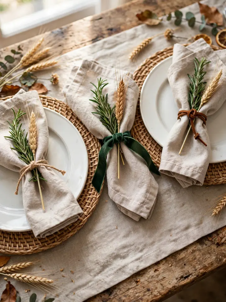 15 Thanksgiving Table Decor Ideas for a Warm Holiday Gathering - Decorating Ideas | HomeImprovementGeek Beige linen napkins on white plates tied with twine, dark green velvet ribbon and leather cord, each tucked with rosemary sprig and dried wheat stem on Thanksgiving table.
