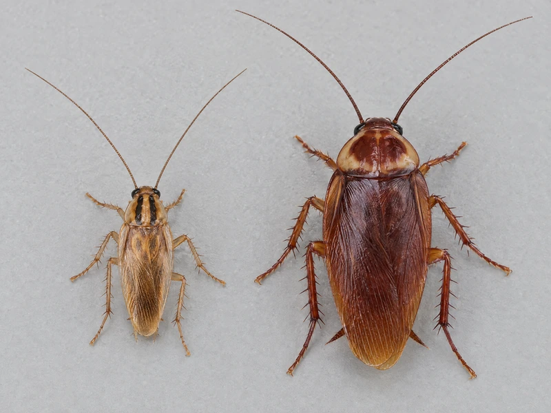 German and American cockroaches side by side, showing their different sizes and markings
