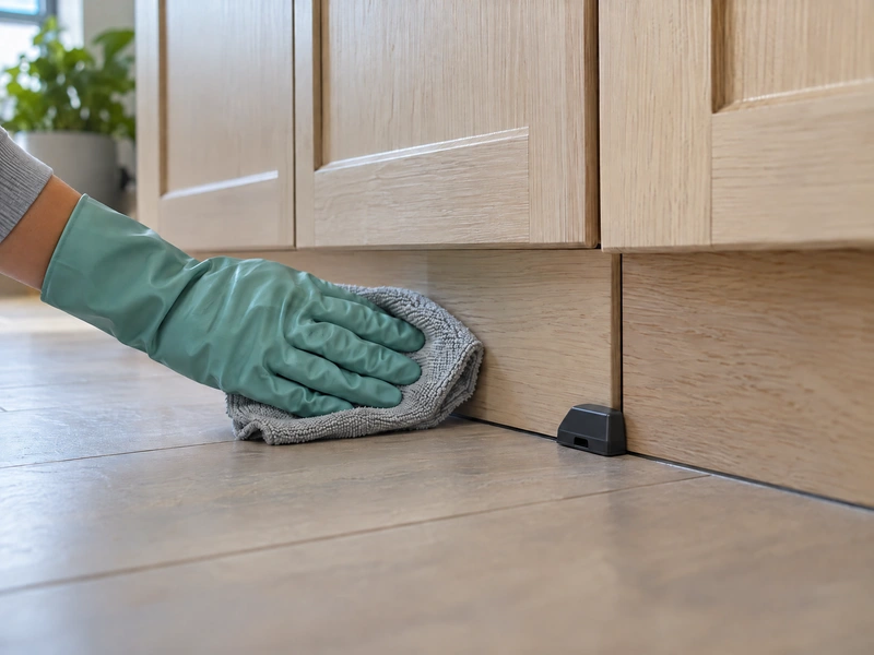 Gloved hand wipes a kitchen cabinet baseboard near a cockroach bait station
