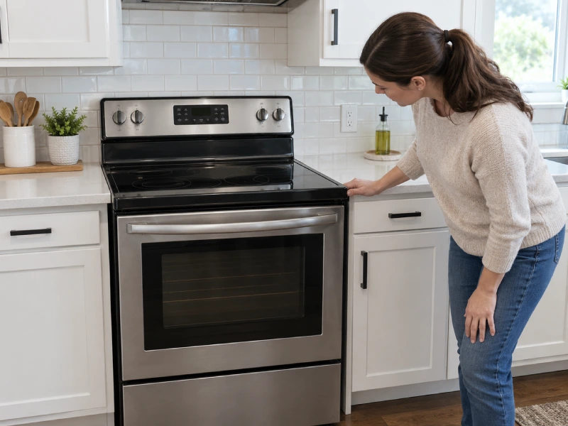 Homeowner inspecting the side gap of a freestanding electric stove between kitchen cabinets without moving the appliance.