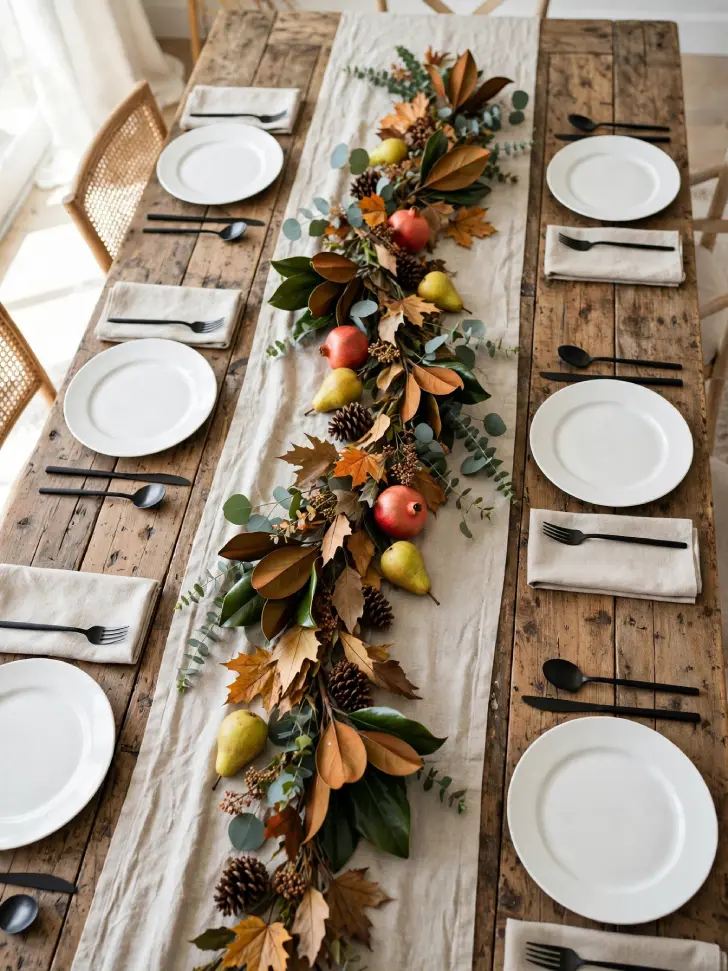 15 Thanksgiving Table Decor Ideas for a Warm Holiday Gathering - Decorating Ideas | HomeImprovementGeek Long Thanksgiving table with linen runner decorated with a loose garland of eucalyptus, magnolia leaves, maple leaves, pinecones, pears and pomegranates running down the center.