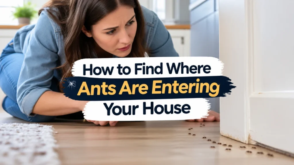 American woman inspecting ants entering her house along the floor near a doorway
