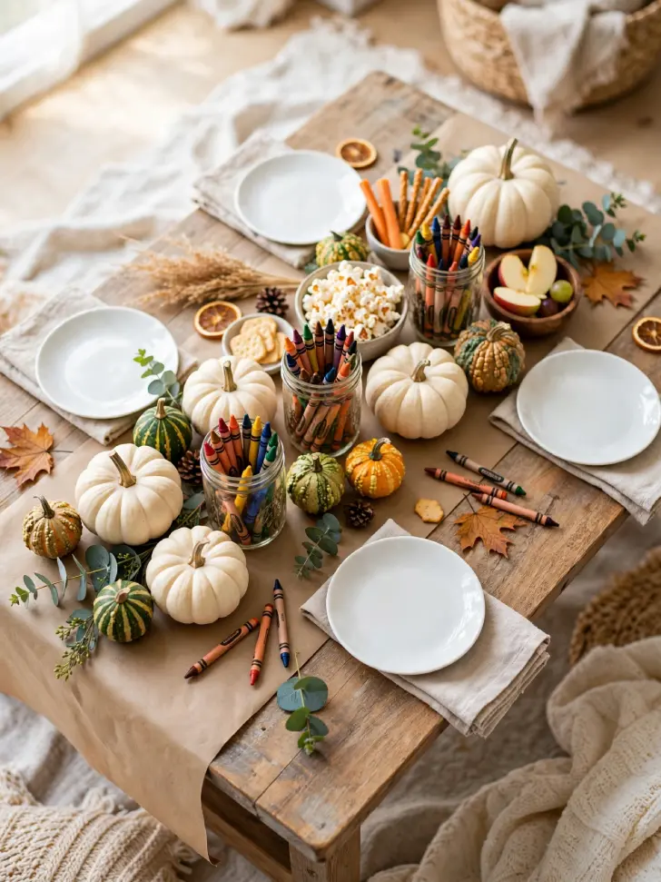 15 Thanksgiving Table Decor Ideas for a Warm Holiday Gathering - Decorating Ideas | HomeImprovementGeek Low kids Thanksgiving table covered with kraft paper runner, white pumpkins, colorful gourds, mason jars full of crayons, popcorn and apple slices, white plates with linen napkins.