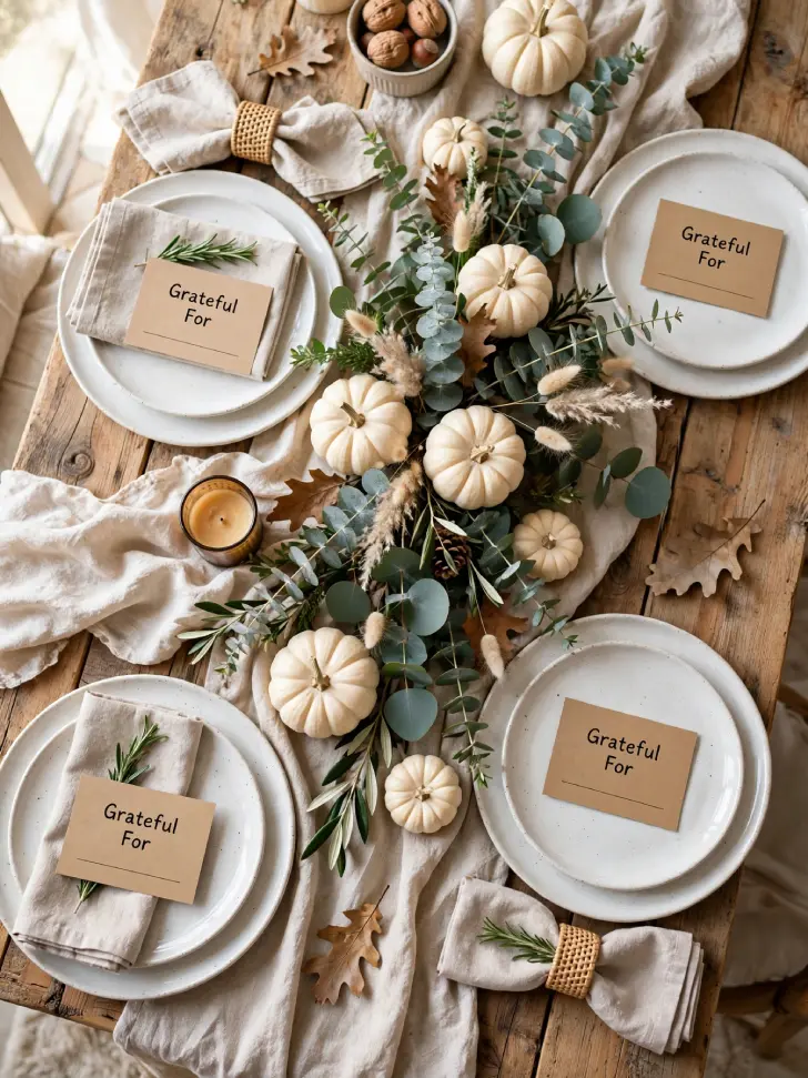 15 Thanksgiving Table Decor Ideas for a Warm Holiday Gathering - Decorating Ideas | HomeImprovementGeek Thanksgiving table setting with small kraft cards reading Grateful For on white plates, linen napkins with rosemary sprigs, white pumpkins and eucalyptus garland down center.