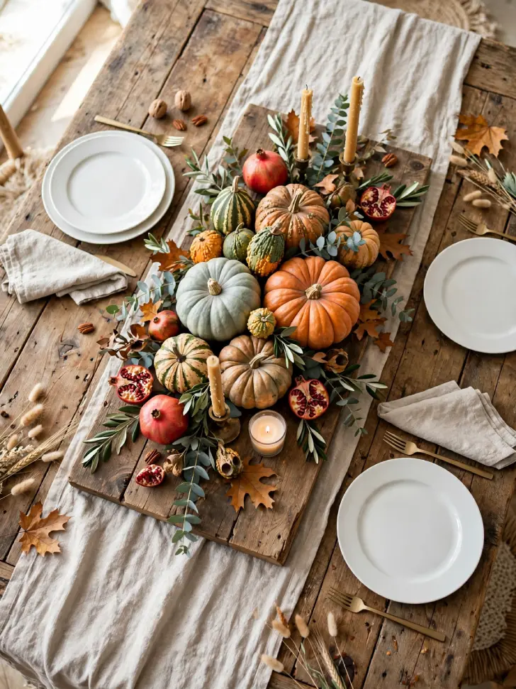 15 Thanksgiving Table Decor Ideas for a Warm Holiday Gathering - Decorating Ideas | HomeImprovementGeek Rustic wood board on Thanksgiving table holding heirloom pumpkins, gourds, pomegranates, eucalyptus, fall leaves and taper candles, set on linen runner with white plates around.