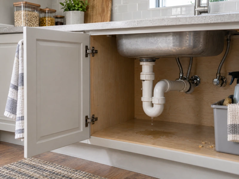 Small leak beneath a kitchen sink leaves a damp cabinet floor, with a few crumbs nearby and sealed food containers on the counter.