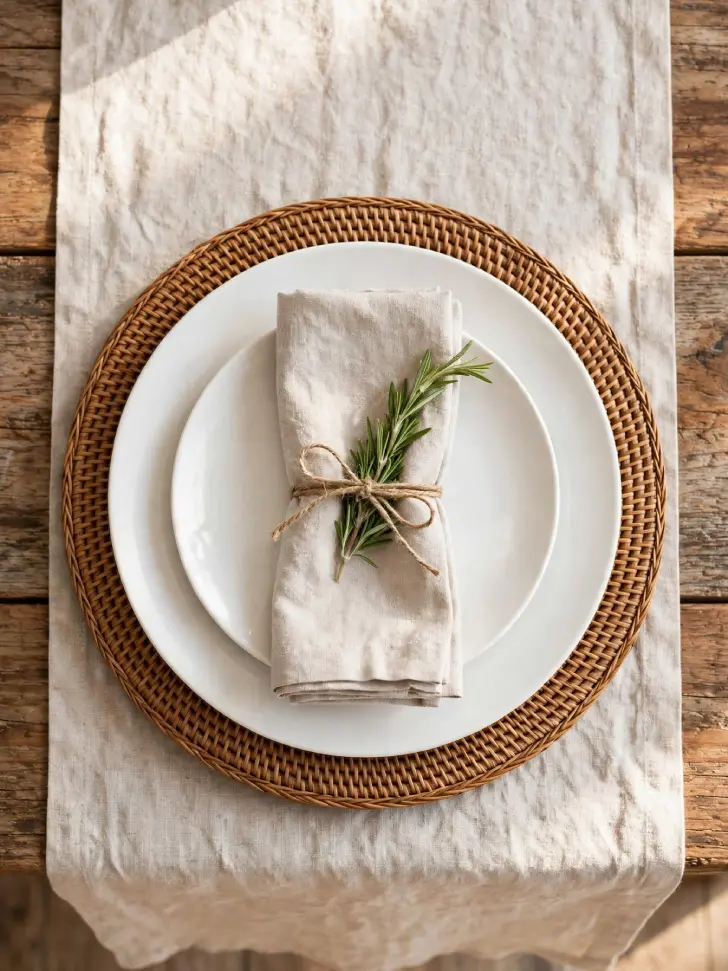 15 Thanksgiving Table Decor Ideas for a Warm Holiday Gathering - Decorating Ideas | HomeImprovementGeek Overhead view of layered Thanksgiving place setting with woven rattan charger, white dinner plate, salad plate, and linen napkin tied with twine and rosemary sprig on linen runner.