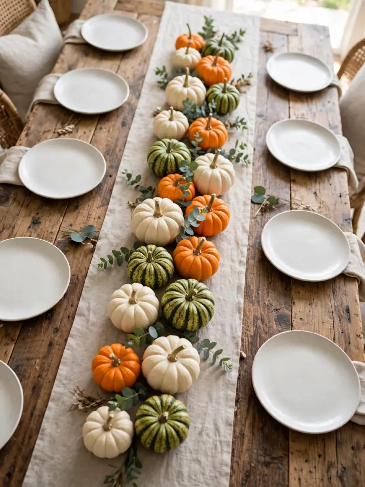15 Thanksgiving Table Decor Ideas for a Warm Holiday Gathering - Decorating Ideas | HomeImprovementGeek Rustic wooden Thanksgiving table with a beige linen runner decorated with white, orange, and green-striped mini pumpkins and eucalyptus sprigs, with white plates on both sides.