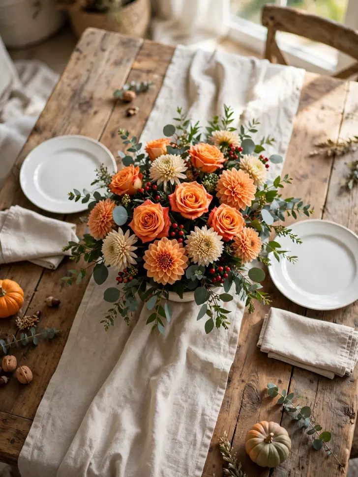 15 Thanksgiving Table Decor Ideas for a Warm Holiday Gathering - Decorating Ideas | HomeImprovementGeek Low white bowl with orange roses, peach dahlias, cream mums, eucalyptus and red berries on a linen runner, set on a rustic Thanksgiving table with plates and napkins.