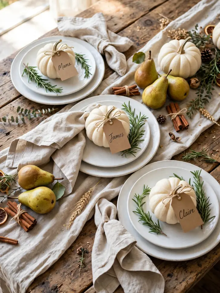 15 Thanksgiving Table Decor Ideas for a Warm Holiday Gathering - Decorating Ideas | HomeImprovementGeek Thanksgiving place settings with white mini pumpkins holding kraft paper name tags tied with twine, rosemary sprigs, pears and cinnamon sticks on linen runner.