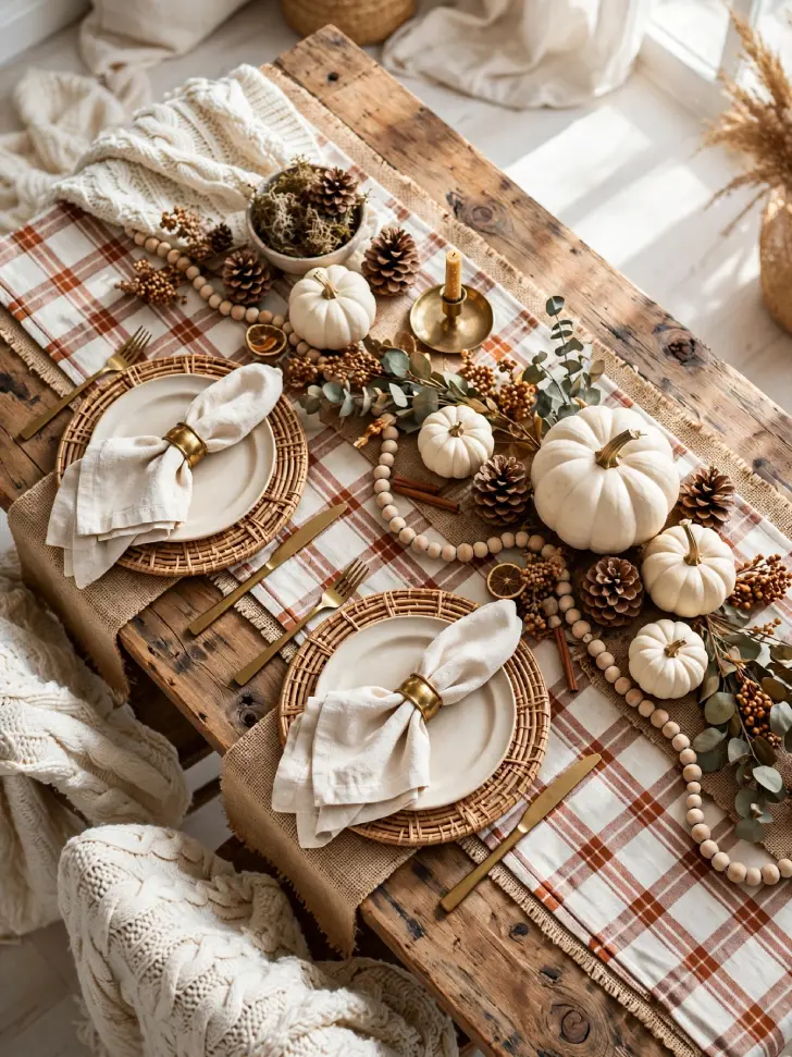 15 Thanksgiving Table Decor Ideas for a Warm Holiday Gathering - Decorating Ideas | HomeImprovementGeek Thanksgiving table with rust and cream plaid runner over burlap, rattan chargers, linen napkins with brass rings, white pumpkins, pinecones, wood bead garland and chunky knit throws.