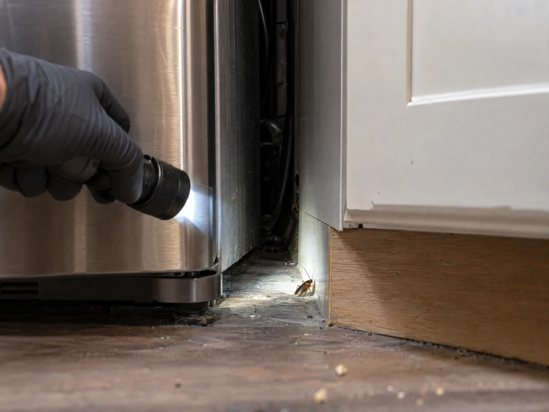 Pest inspector’s flashlight reveals a cockroach in the narrow gap beside a refrigerator and kitchen cabinet