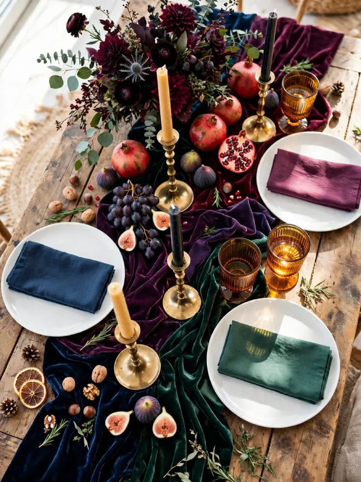 15 Thanksgiving Table Decor Ideas for a Warm Holiday Gathering - Decorating Ideas | HomeImprovementGeek Thanksgiving table with deep burgundy, emerald and navy velvet runner, brass candlesticks, pomegranates, figs, dark grapes, amber glasses and moody burgundy flowers.