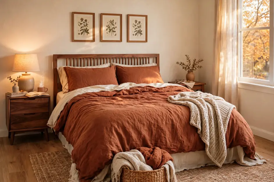 15 Cozy Fall Bedroom Ideas for Small Bedrooms - Bedrooms | HomeImprovementGeek Small bedroom with rust terracotta linen duvet over cream sheets, oatmeal knit throw, walnut nightstands and warm lamp glow