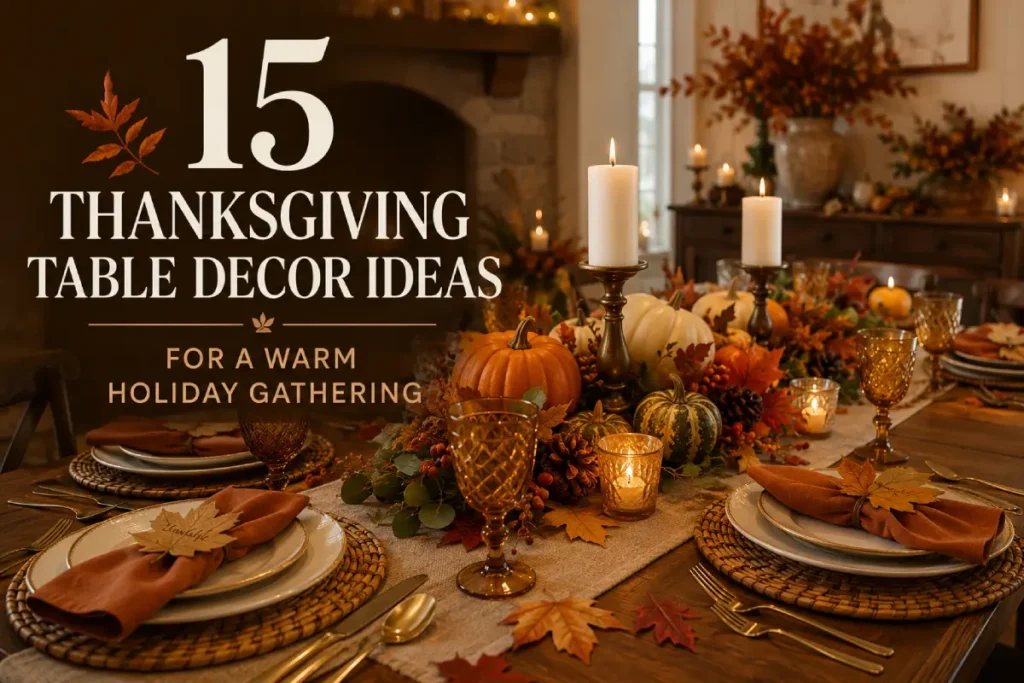Thanksgiving table with pumpkins, autumn leaves, candles, amber glassware, and rust-colored napkins