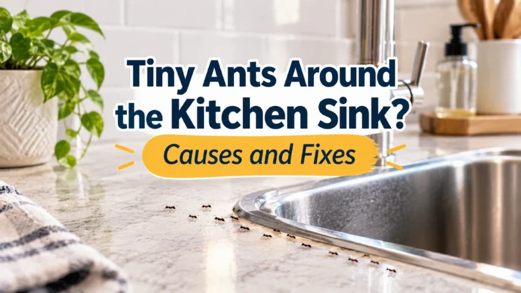 Tiny ants around kitchen sink crawling along the countertop near a stainless steel sink.