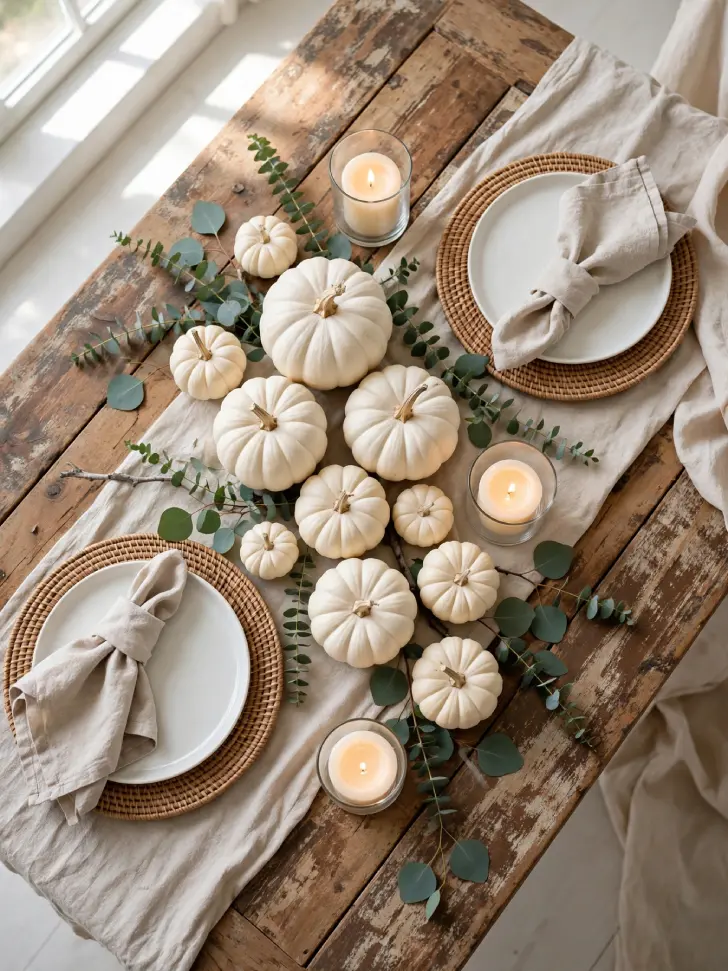15 Thanksgiving Table Decor Ideas for a Warm Holiday Gathering - Decorating Ideas | HomeImprovementGeek Minimal white Thanksgiving table with cluster of white pumpkins of different sizes, eucalyptus sprigs and cream candles in glass holders on beige linen runner with rattan chargers and white plates.