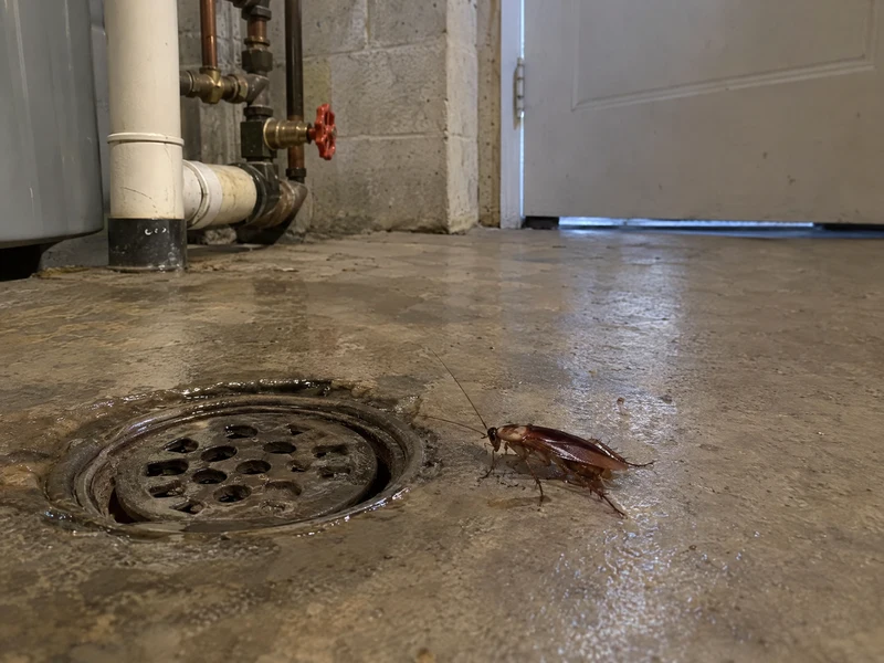 American roach near a floor drain on a damp concrete floor beside exposed plumbing pipes and a utility door. Moisture around the drain and wet floor surface highlight the kind of damp utility route where American roaches may travel or gather. The image shows plumbing connections, drainage, and floor-level access points that can provide moisture and entry routes.