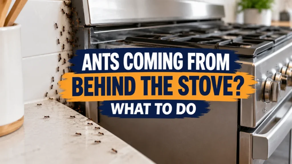 Ants coming from behind the stove along the kitchen wall and countertop beside a stainless steel stove.