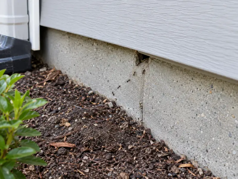 Small black ants crawling toward a gap beneath exterior house siding along a concrete foundation, with soil and mulch beside the wall.