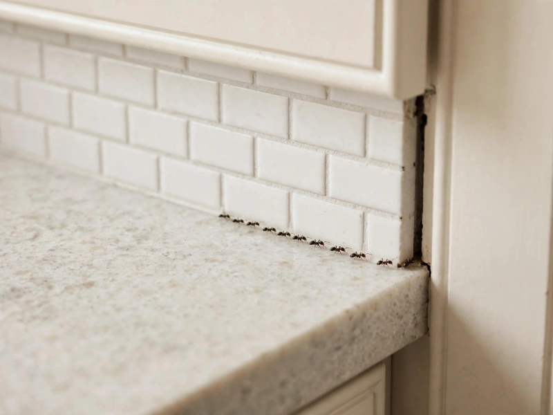 Tiny Ants Around the Kitchen Sink? Causes and Fixes - Pest Control | HomeImprovementGeek Small trail of tiny household ants walking along edge where light stone kitchen countertop meets white tile backsplash heading into narrow gap near cabinet trim