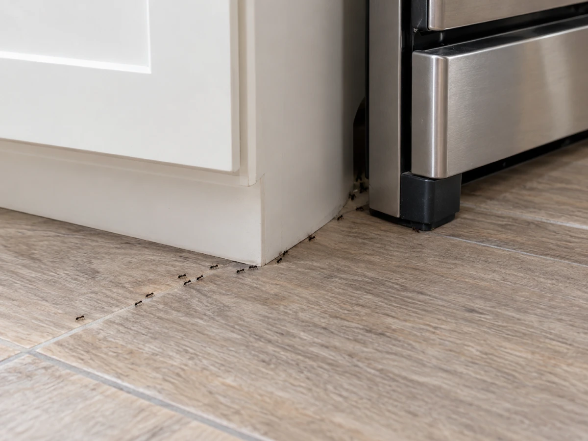 Black ants forming a trail across the kitchen tile floor beside a white cabinet and stainless steel refrigerator.