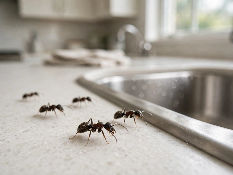 Tiny Ants Around the Kitchen Sink? Causes and Fixes - Pest Control | HomeImprovementGeek Several tiny dark household ants walking in a line across a light colored quartz kitchen countertop next to a stainless steel sink with natural window light