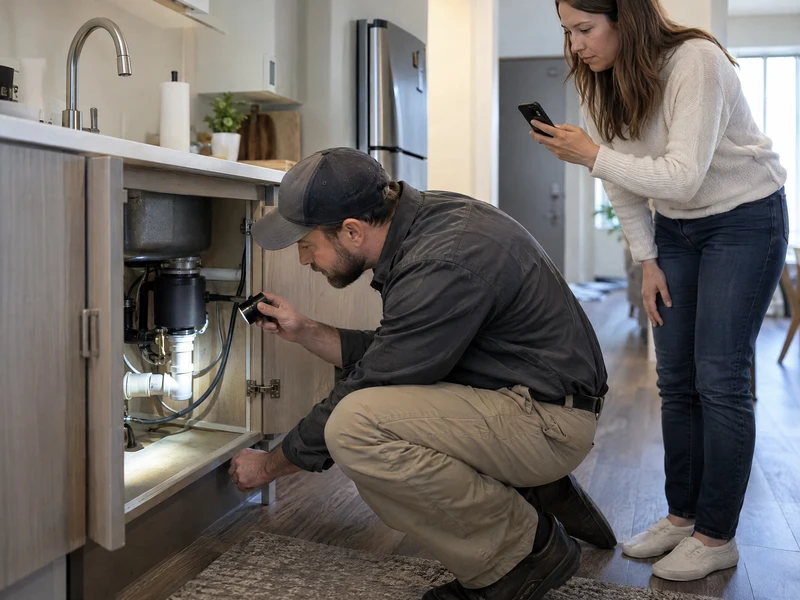 Apartment cockroach inspection with a pest professional checking under a kitchen sink while a resident documents the inspection nearby. The inspection focuses on plumbing, cabinet gaps, and hidden areas where cockroaches may travel between connected spaces. Coordinated inspection helps residents and pest professionals identify activity, access points, and areas that may need follow-up.