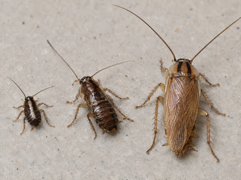 Cockroach nymphs at different growth stages are shown beside an adult cockroach on a light floor surface. The smaller dark nymphs have undeveloped wings and different body sizes, while the larger roach has fully developed wings and markings. Seeing nymphs alongside an adult can make visual identification harder because young cockroaches look different from mature insects.