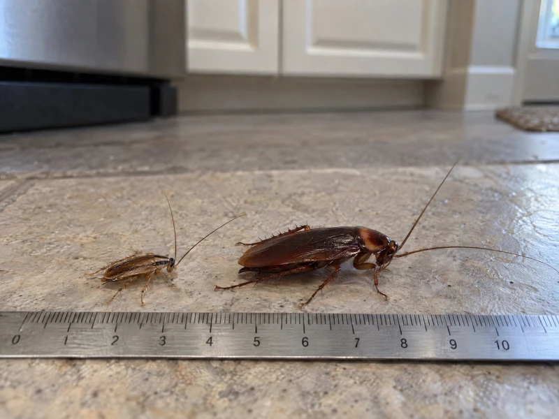 Two cockroaches shown side by side on a kitchen floor with a ruler to compare their size.