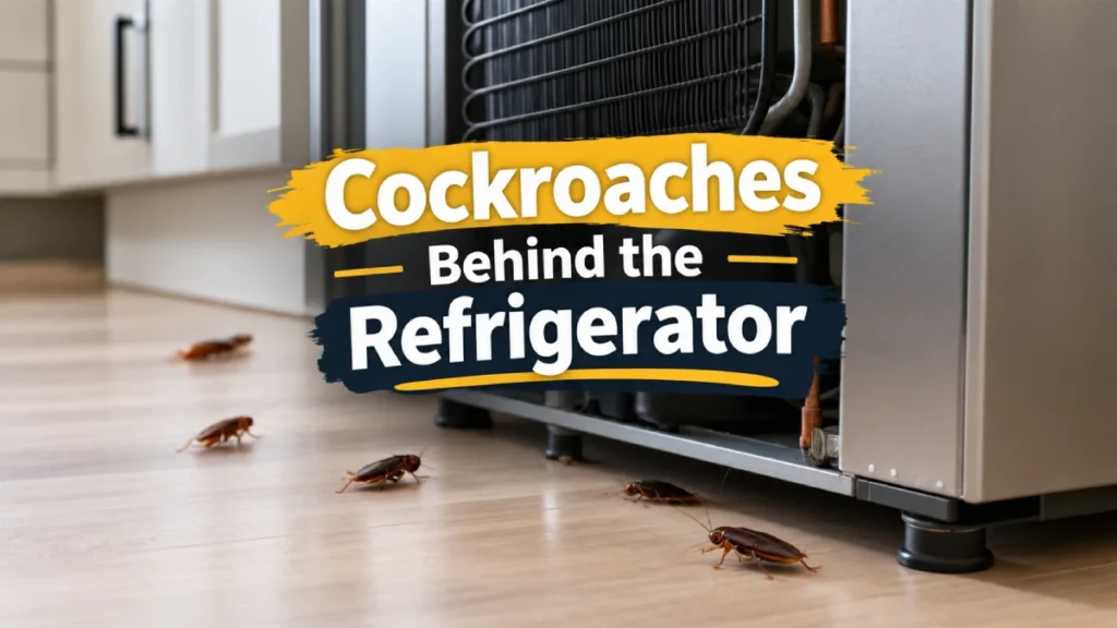 Cockroaches Behind the Refrigerator, with several brown cockroaches on a kitchen floor beneath the exposed refrigerator coils and compressor area
