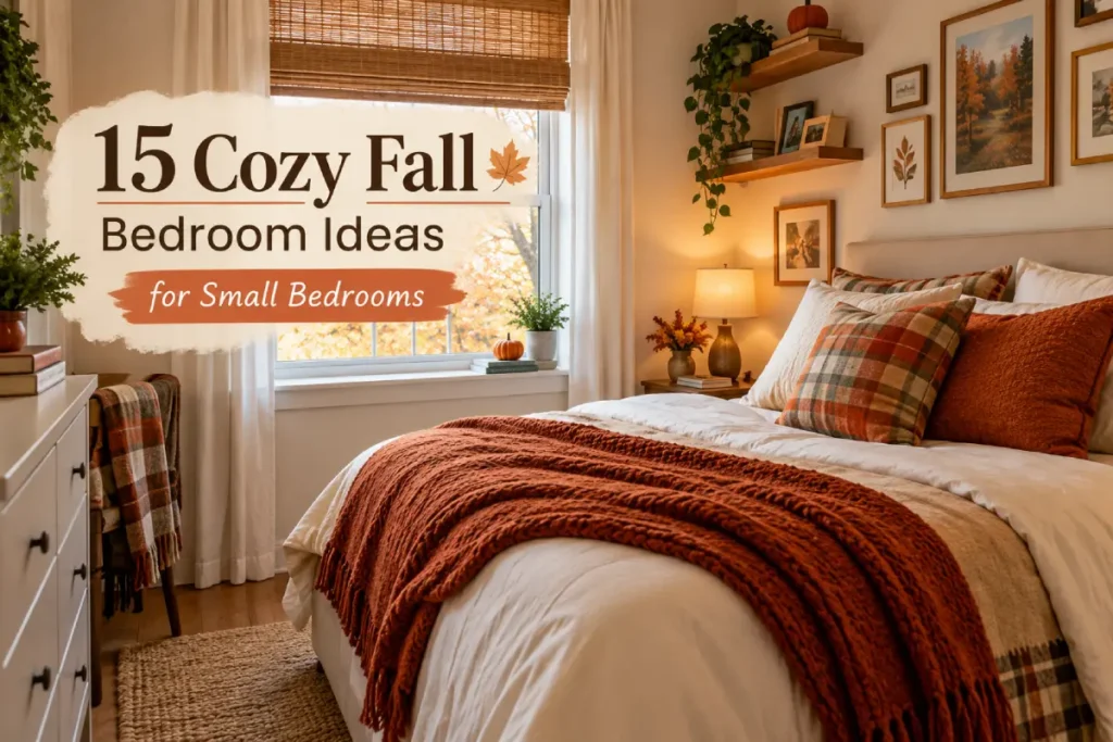 Small bedroom with rust-colored knit bedding, plaid pillows, warm lighting, autumn foliage, and space-saving decor.