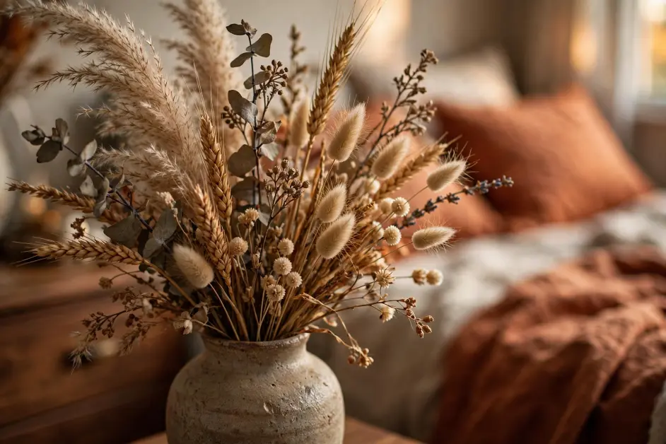 15 Cozy Fall Bedroom Ideas for Small Bedrooms - Bedrooms | HomeImprovementGeek Close-up of stoneware vase with pampas, wheat, bunny tails and dried eucalyptus bouquet on dresser