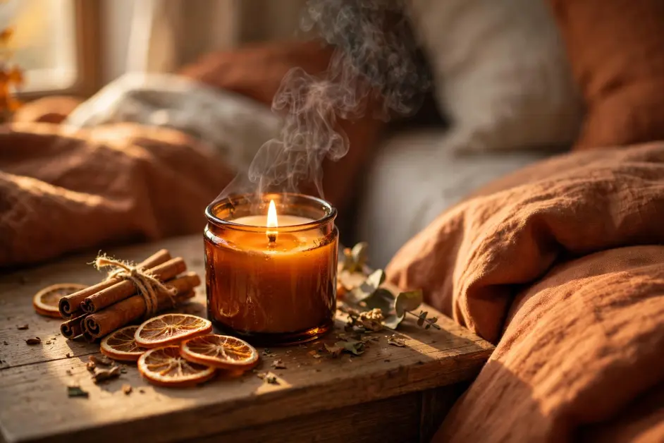 15 Cozy Fall Bedroom Ideas for Small Bedrooms - Bedrooms | HomeImprovementGeek Close-up of amber glass soy candle with flame and smoke beside cinnamon sticks and dried orange slices on wood nightstand