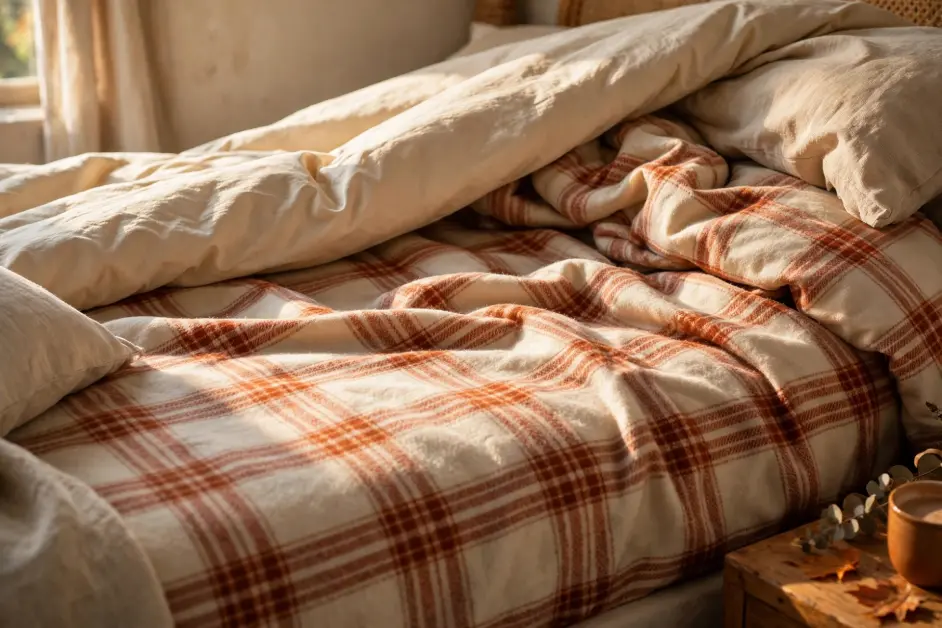 15 Cozy Fall Bedroom Ideas for Small Bedrooms - Bedrooms | HomeImprovementGeek Close-up of soft brushed flannel sheets in rust plaid peeking from under cream duvet in morning light